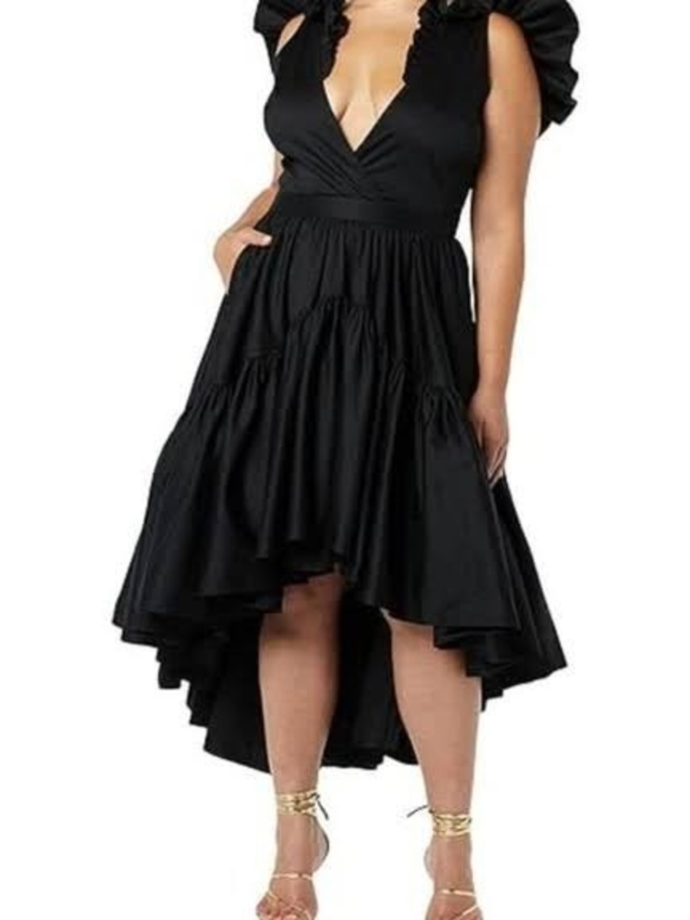 "Making The Cut" Tv Show, Famous Black Ruffle High-Low V-Neck Dress Engagement
